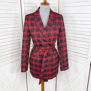 BeFree Tartan Plaid Double Breasted Tie Waist Trench Overcoat Red XS